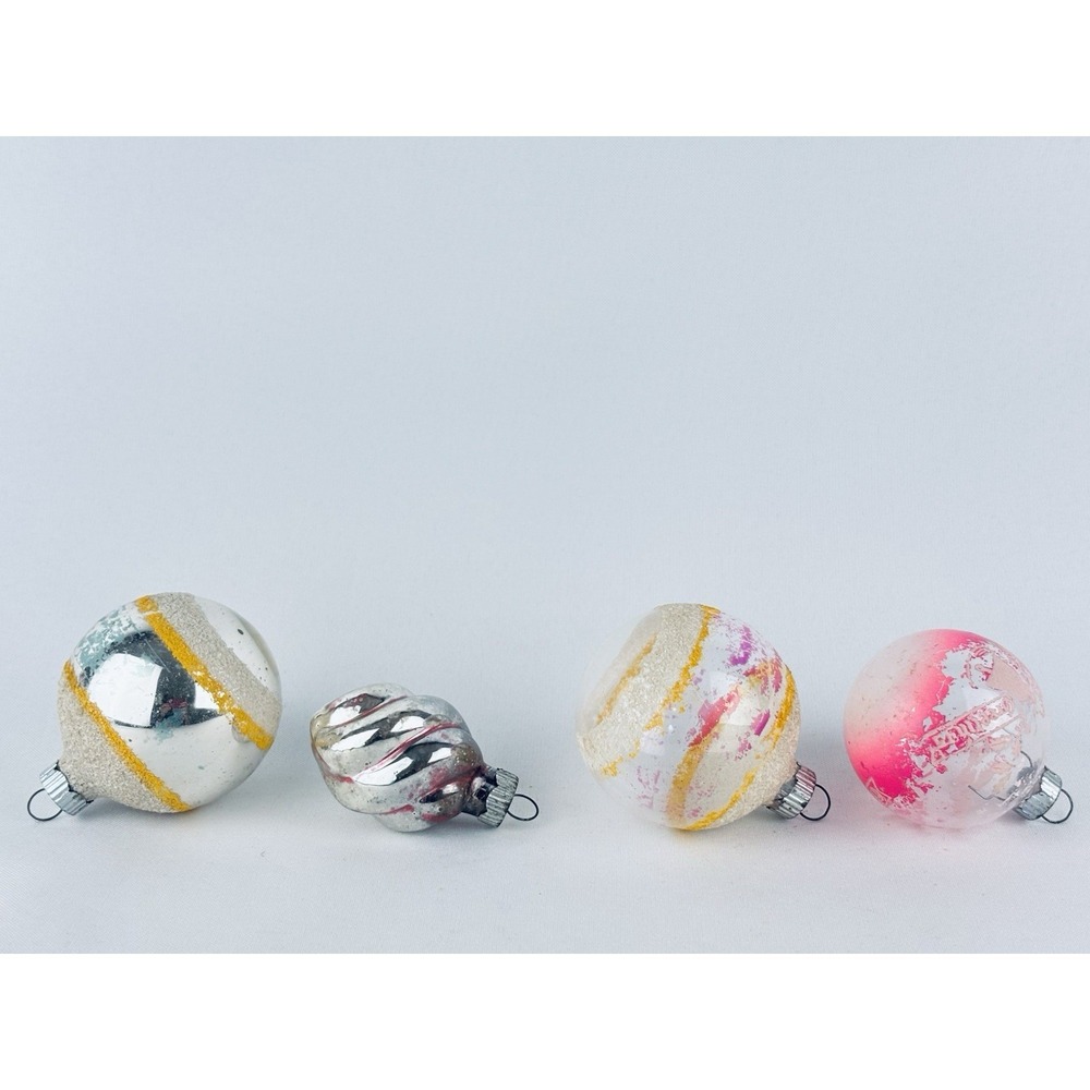 Lot Of 4 Shiny Brite Unsilvered Mica Striped  Ornaments Spiral Merry Christmas
